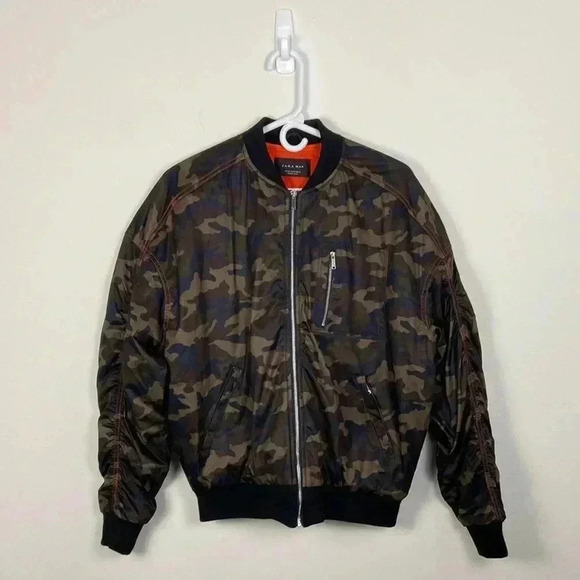 Zara Other - Zara Man Men’s Medium Camo Bomber Jacket Ruched Sleeves Casual Moto Bikercore